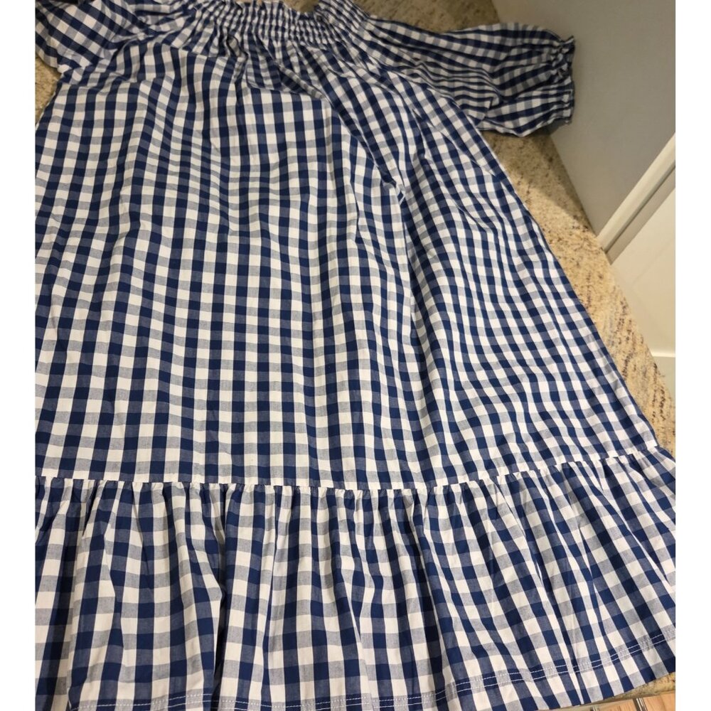 Lake Pajamas Size S Blue Gingham Check Cotton Smocked MIDI Dress Peplum Hem - Picture 12 of 13